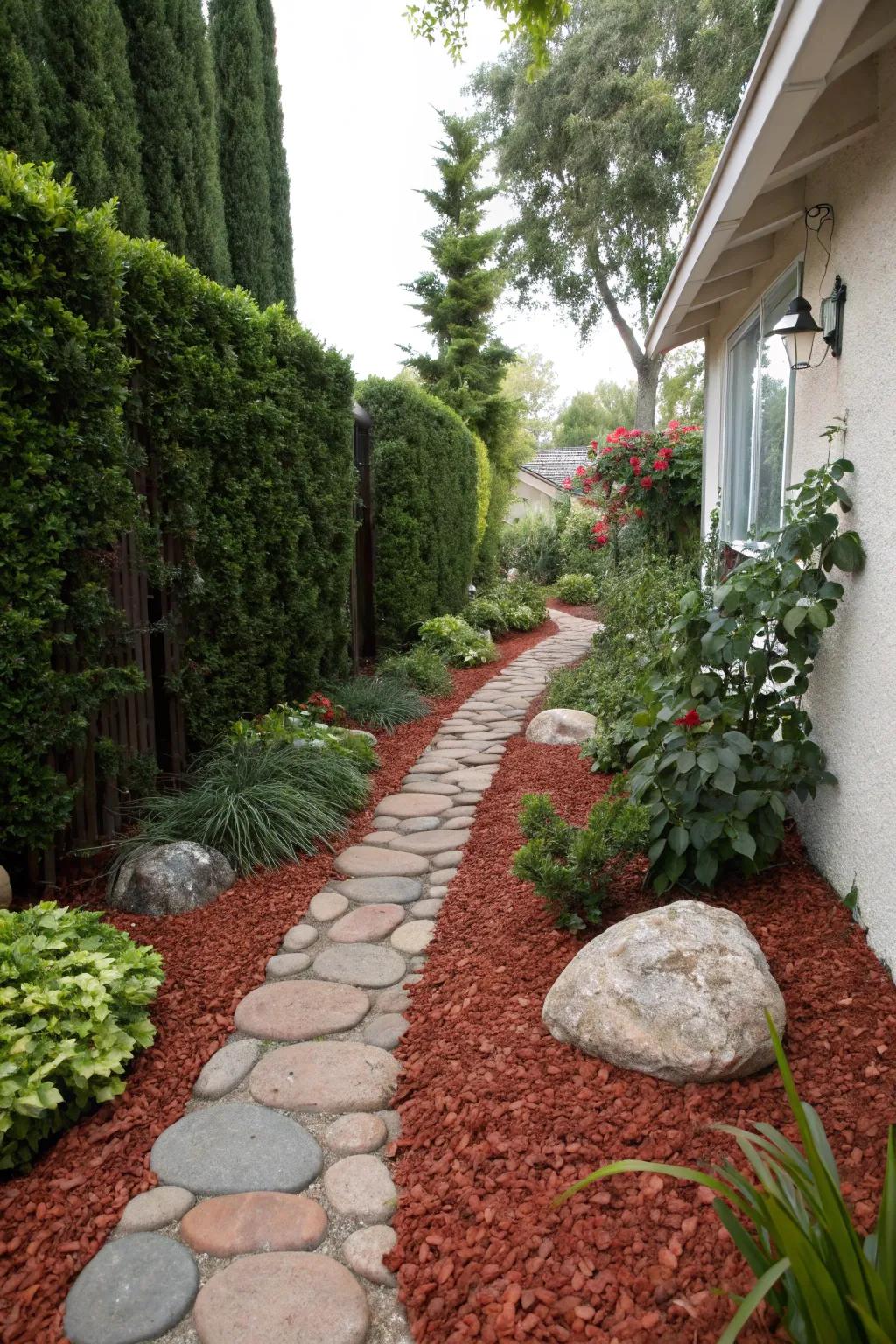 Scarlet ground cover demarcates garden routes, contributing both beauty and practicality.