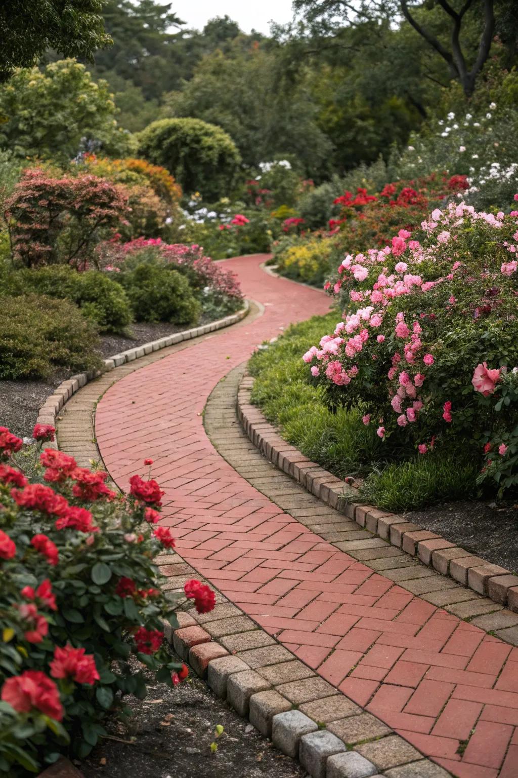 A crimson paver pathway beckons exploration and introduces allure.