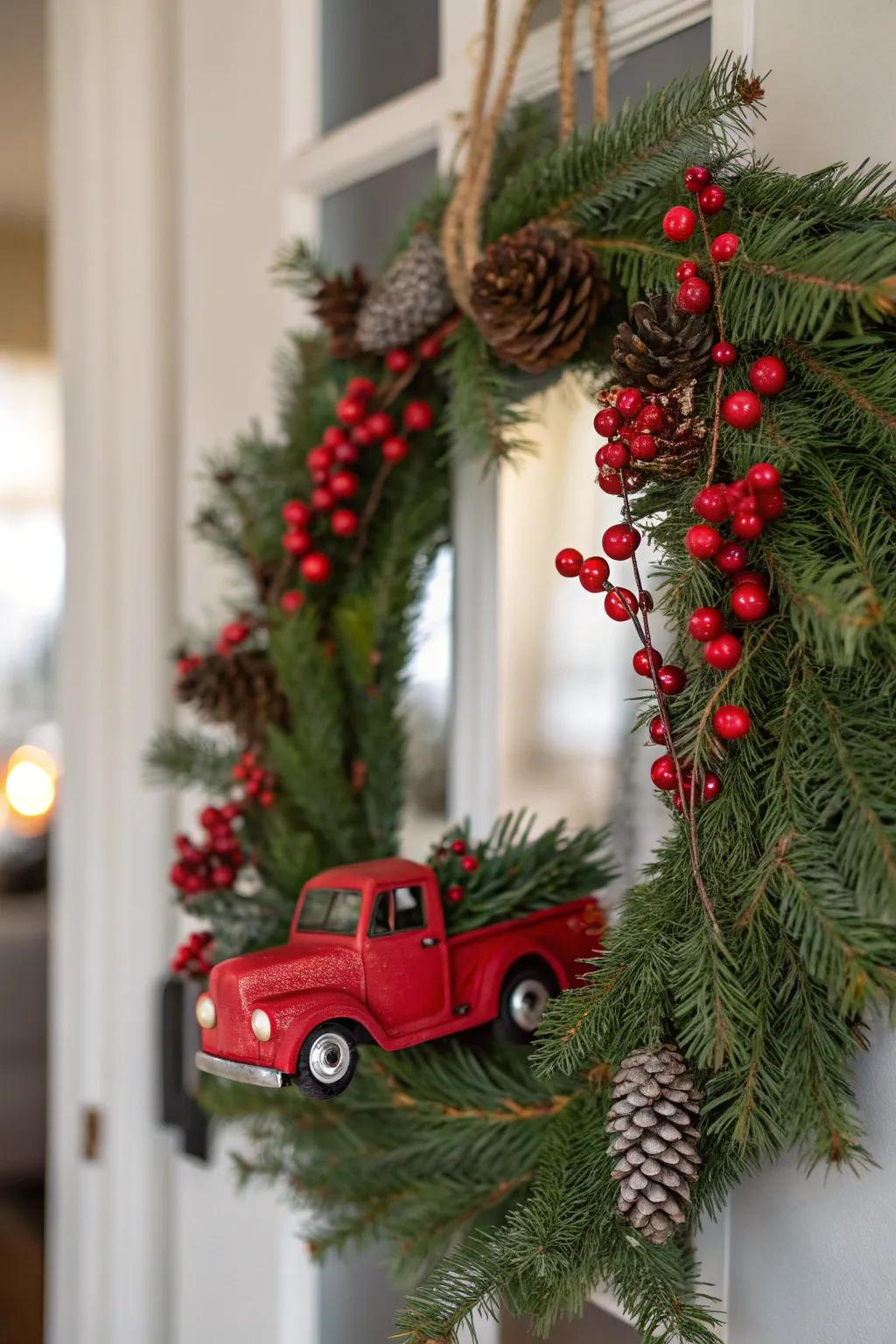 Charming red truck wreath welcoming guests at the front door.