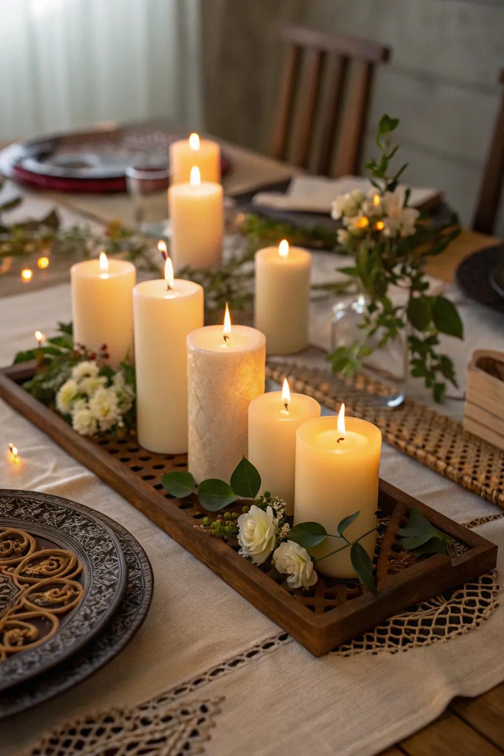 A serene table setting illuminated by candlelight.