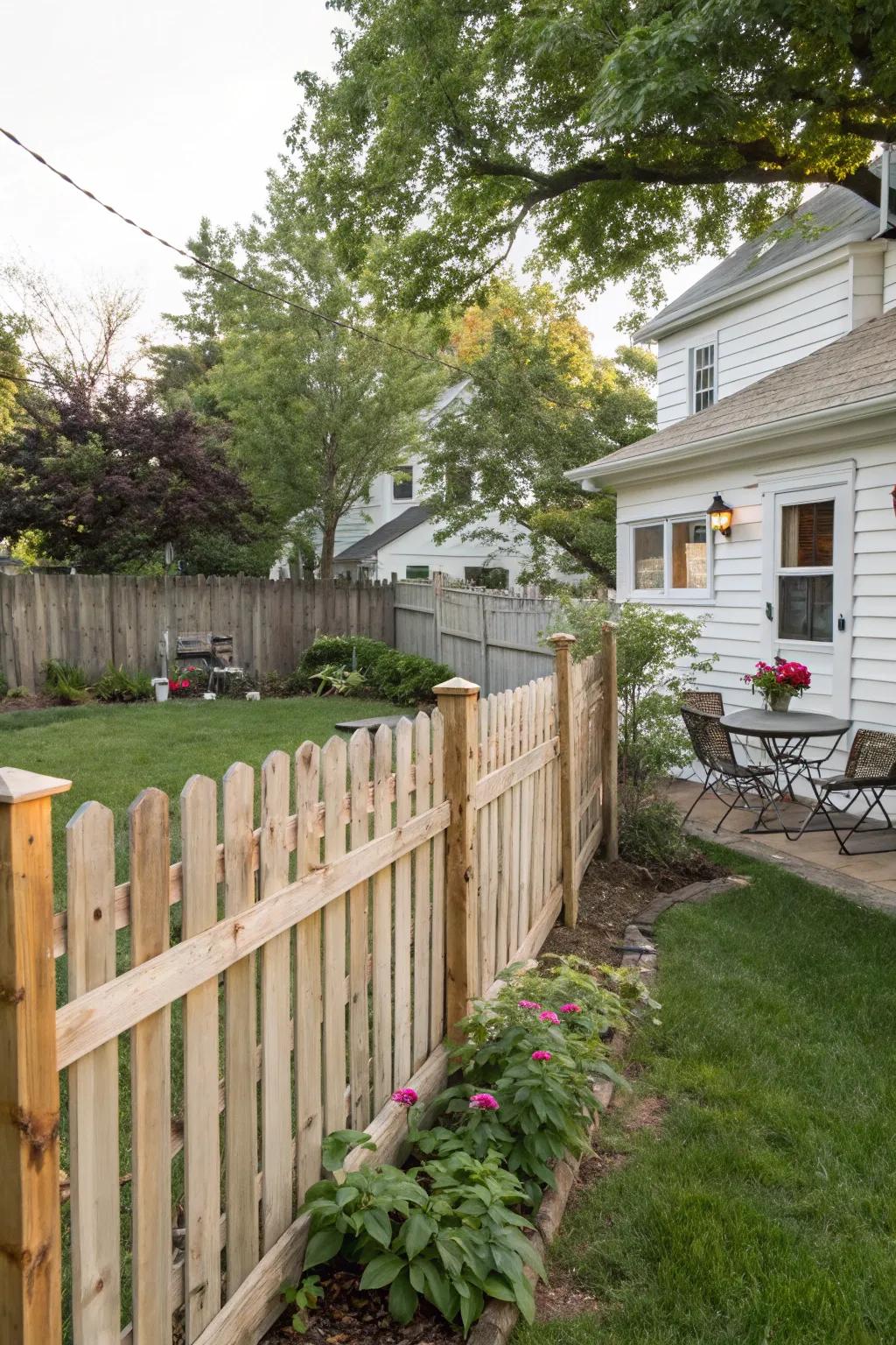 Horizontal wood slats create a warm, inviting boundary for your home.