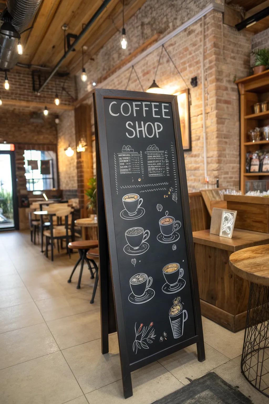 An adorable coffee-themed chalkboard with artistic coffee cup drawings and menu selections.