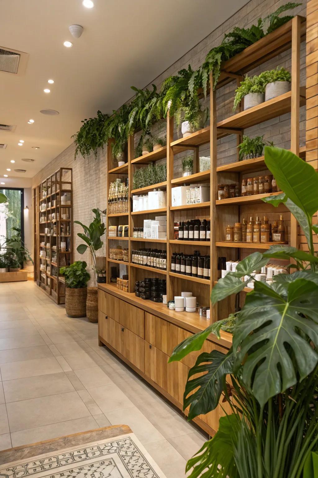 Natural components such as greenery and wooden features bring a peaceful quality to store environments.