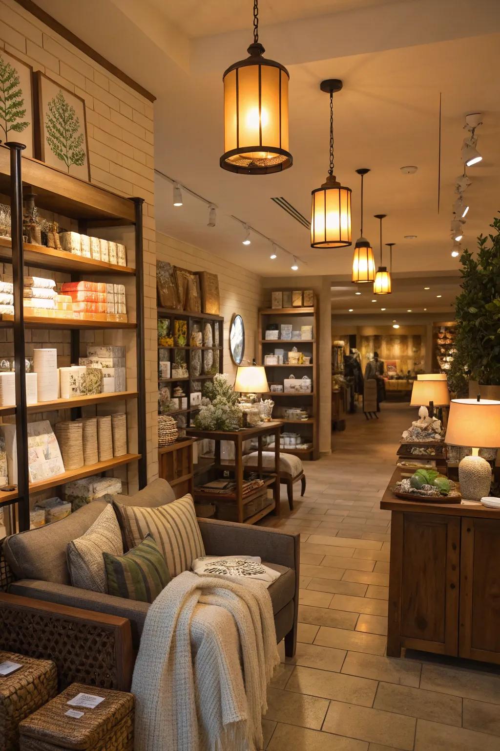 Ambient lighting projecting a warm glow within a shop.