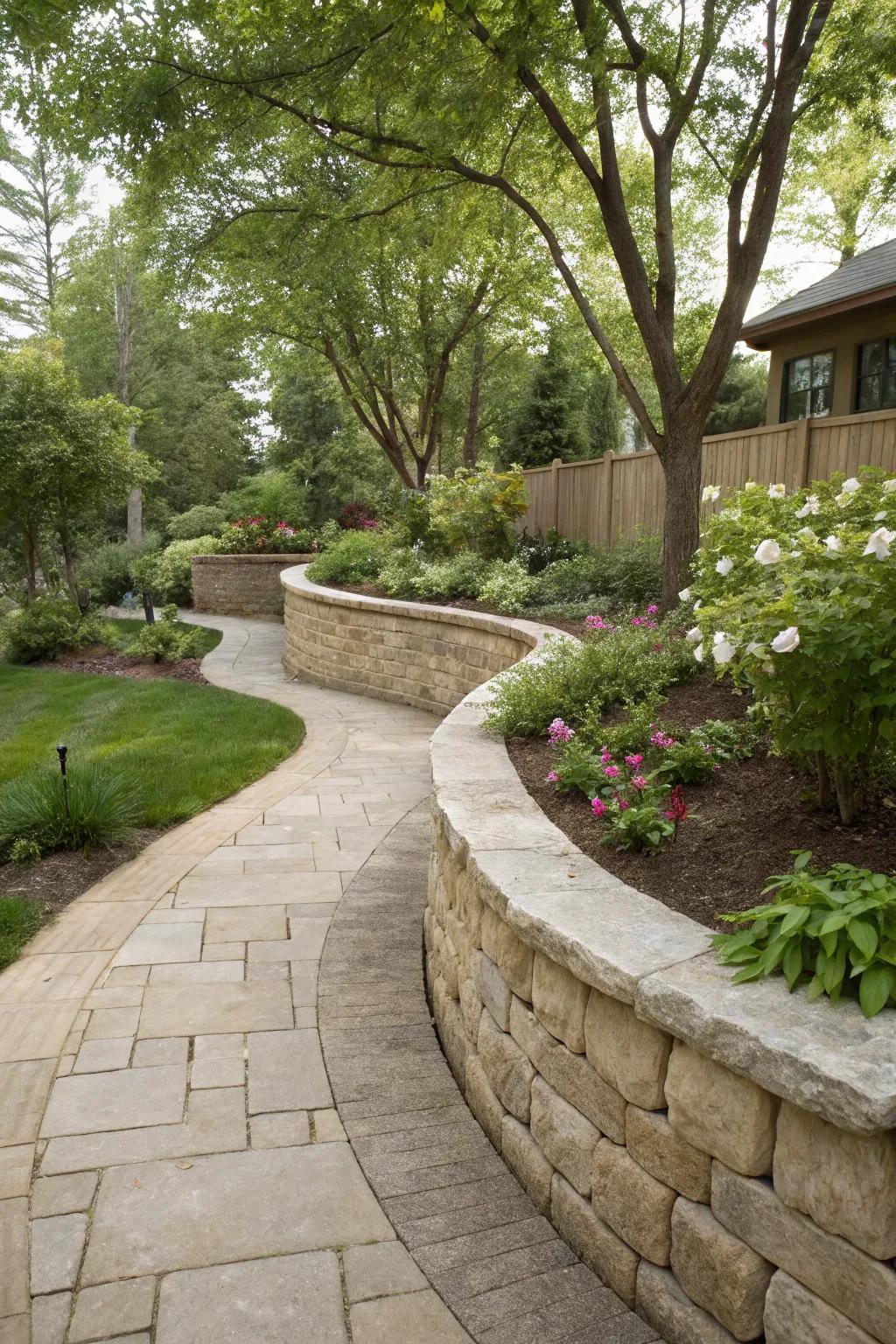 A gracefully curved landscape wall blending seamlessly into a lush garden setting.