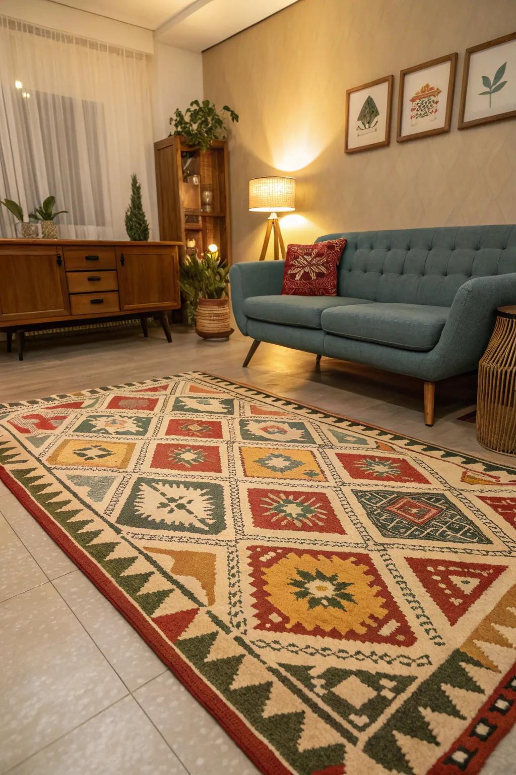 Incorporate personality with a geometric decorated floor covering.