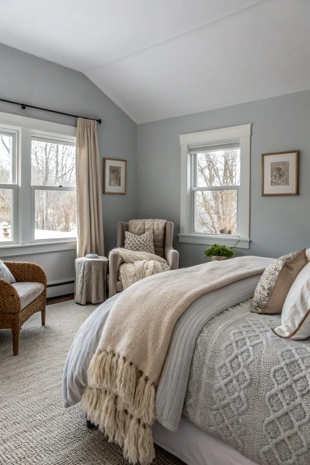 Comforting fabrics add coziness and richness to a Gentle Gray bedroom.