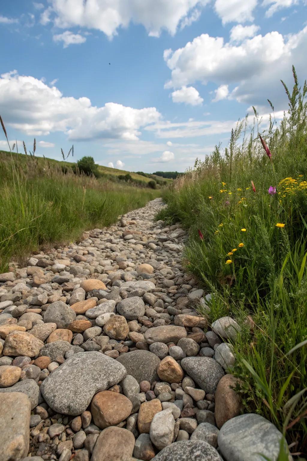 A dry river bed adds texture and visual interest to this garden landscape.