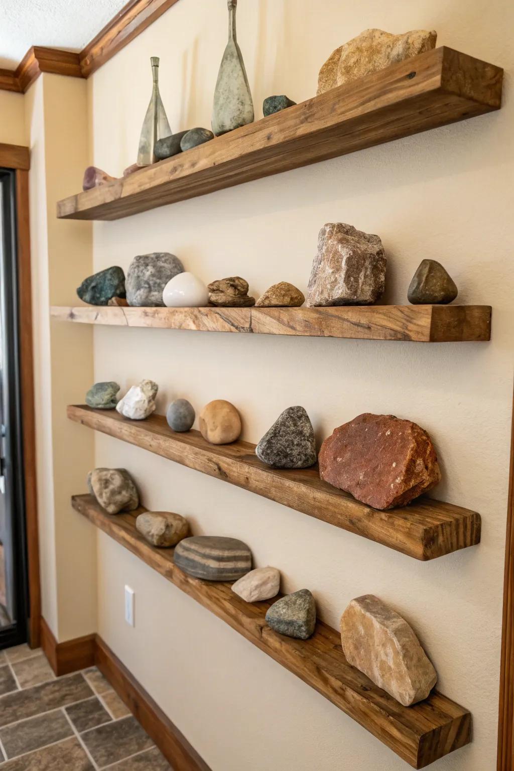 Wooden displays enhance a collection of stones