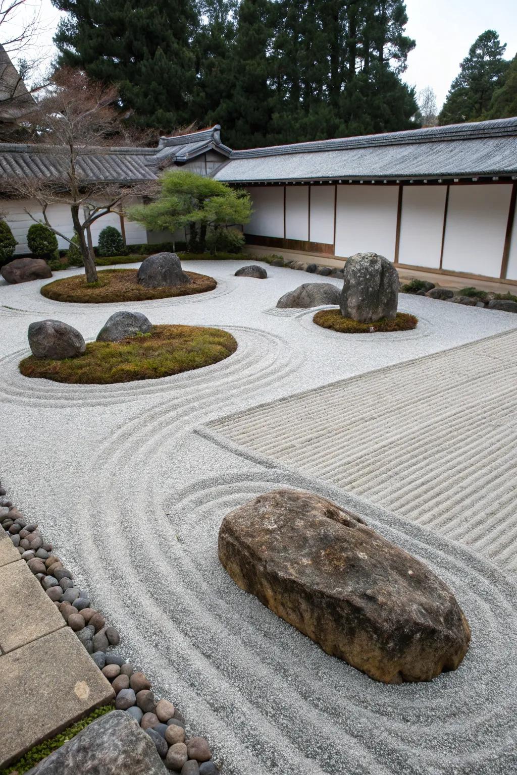A quiet Zen garden including symbolic stone formations for a thoughtful landscape.