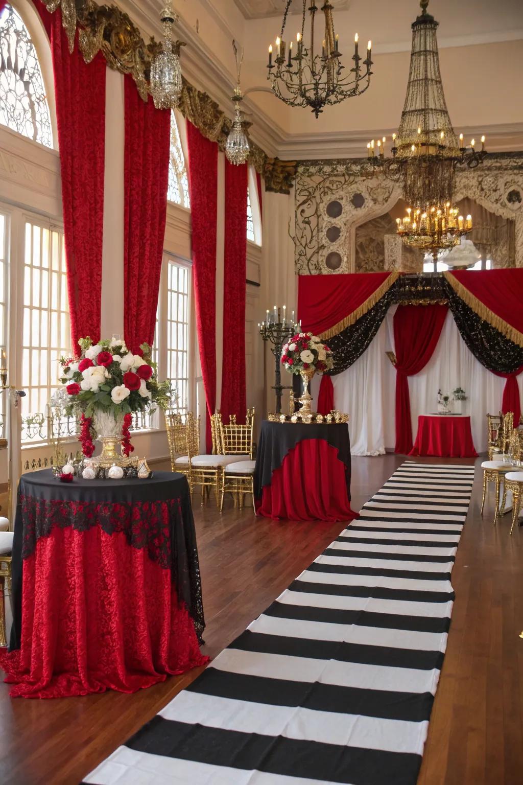 A rockabilly wedding setting showcases a dramatic palette of bold colors.