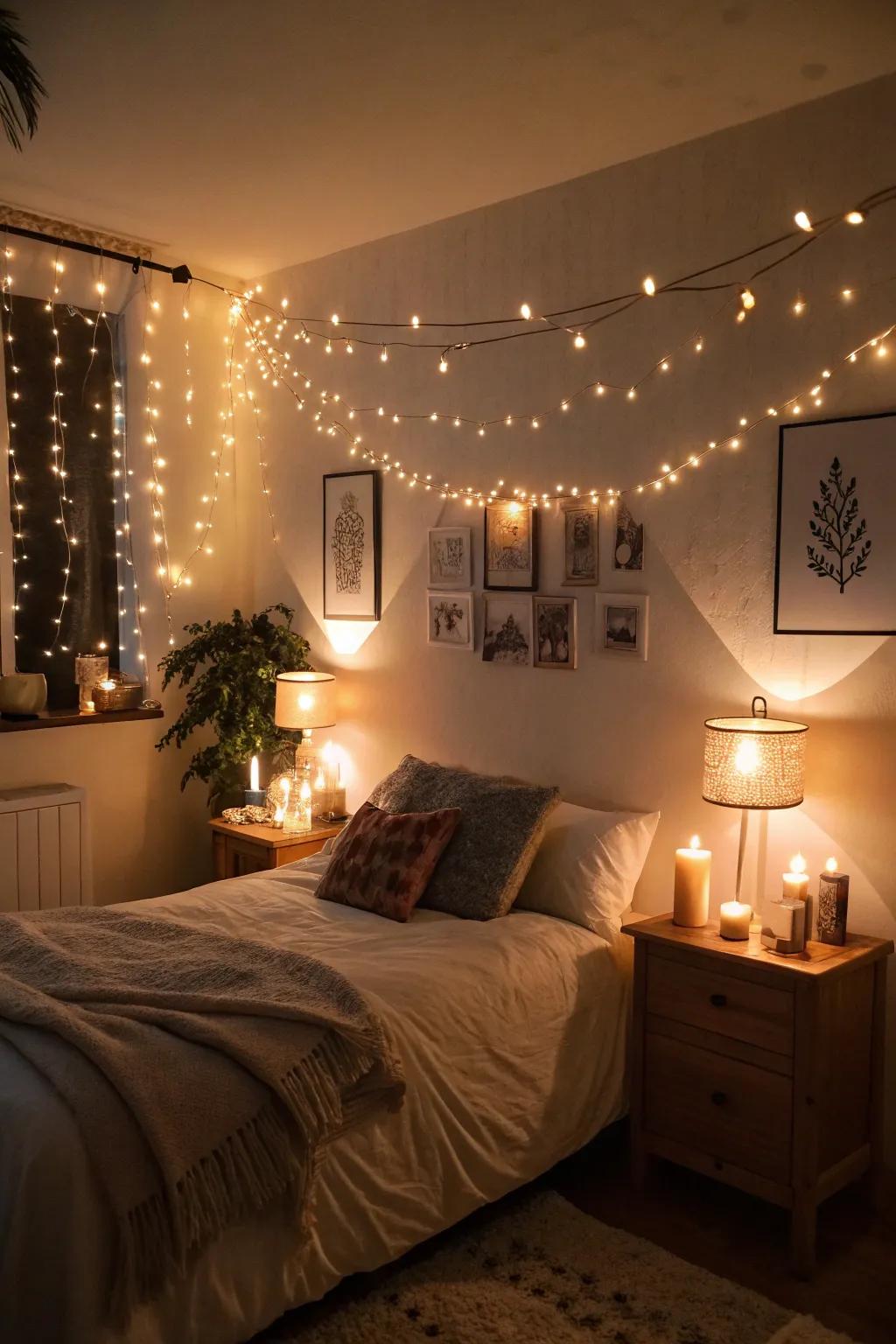 Gentle lighting using candles and lamps enhances the romantic atmosphere.