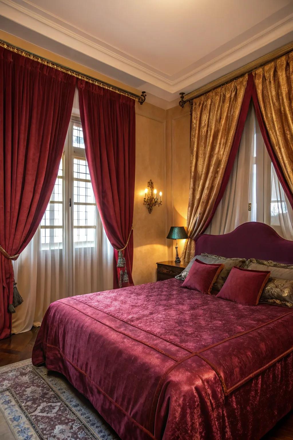 Lush plush and silken textiles enhance the lavish sensation of this bedroom.