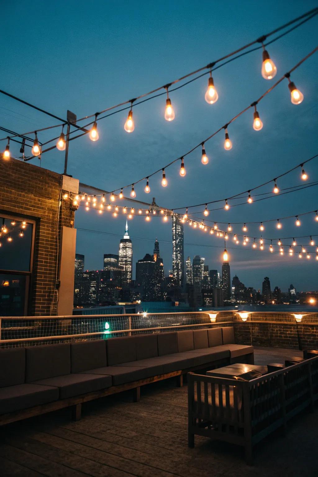 Shimmering string lights provide a captivating charm to rooftop nights.