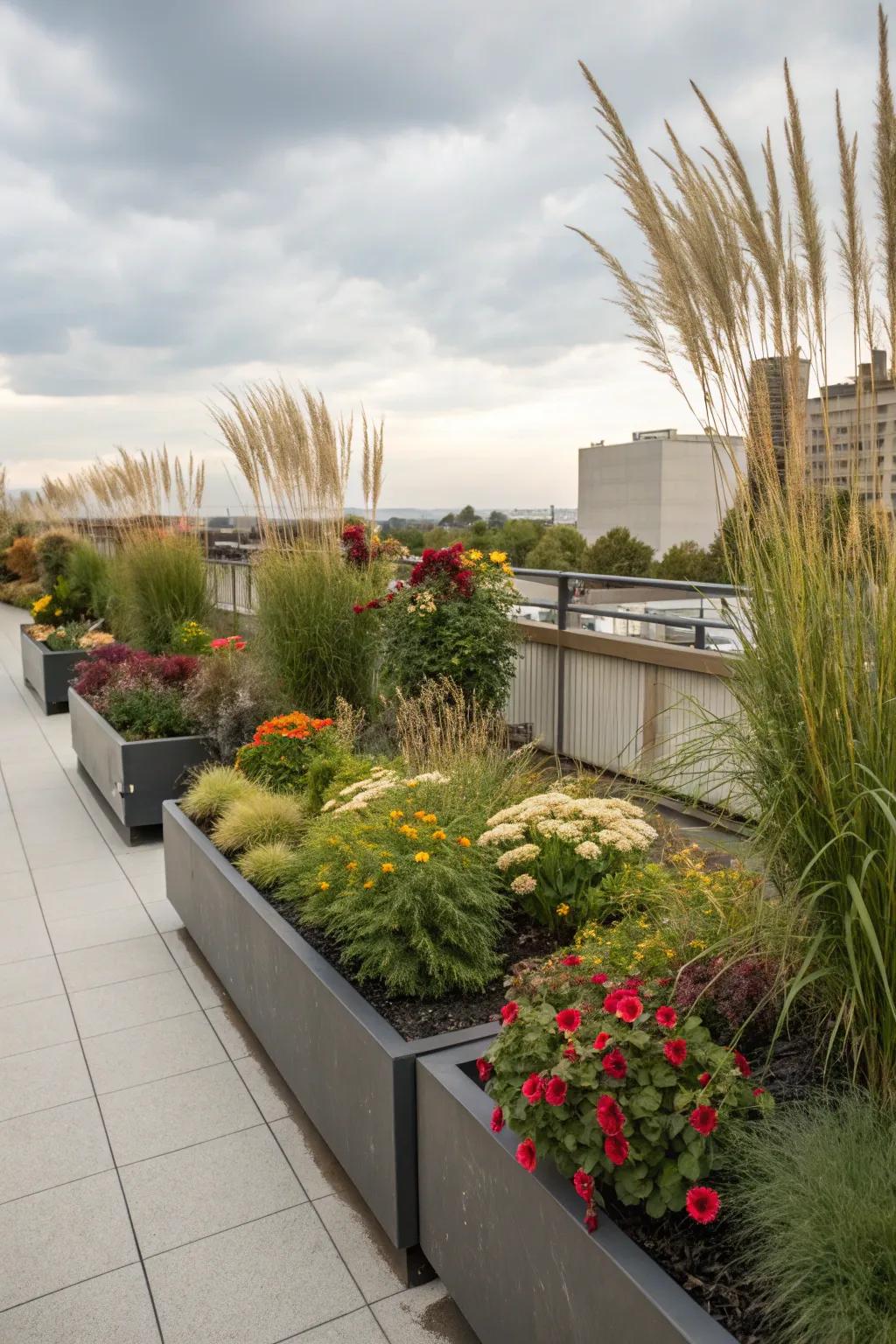 Pots and planters introduce a hint of nature to your cityscape rooftop.