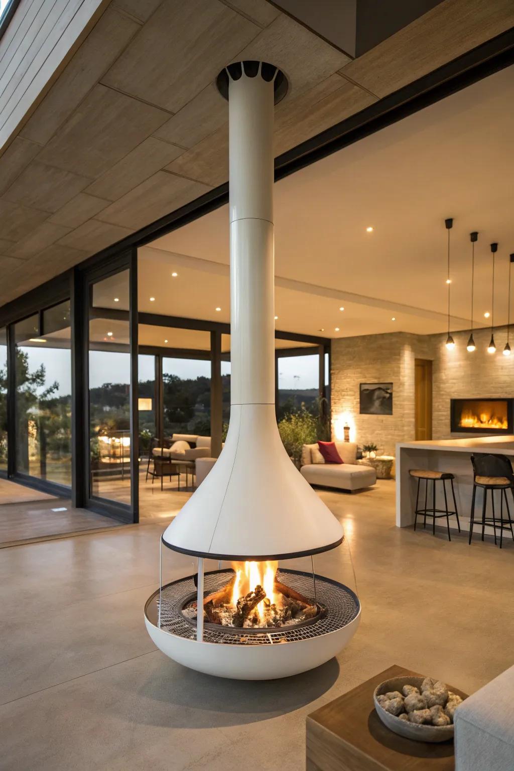 A floating fireplace adds warmth and an unobstructed view to an open-plan living space.