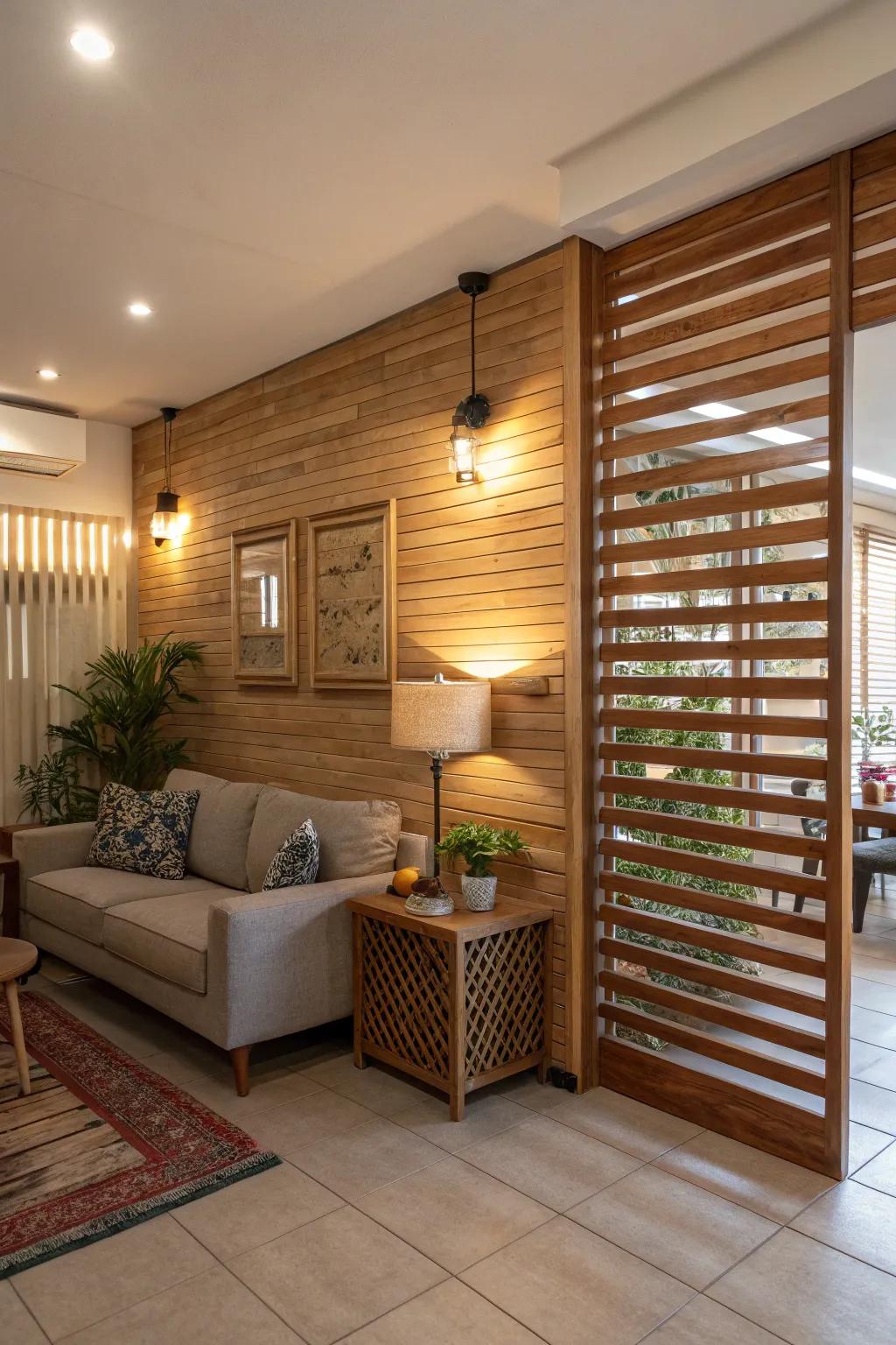A snug living area featuring a timber panel half wall that welcomes natural light.