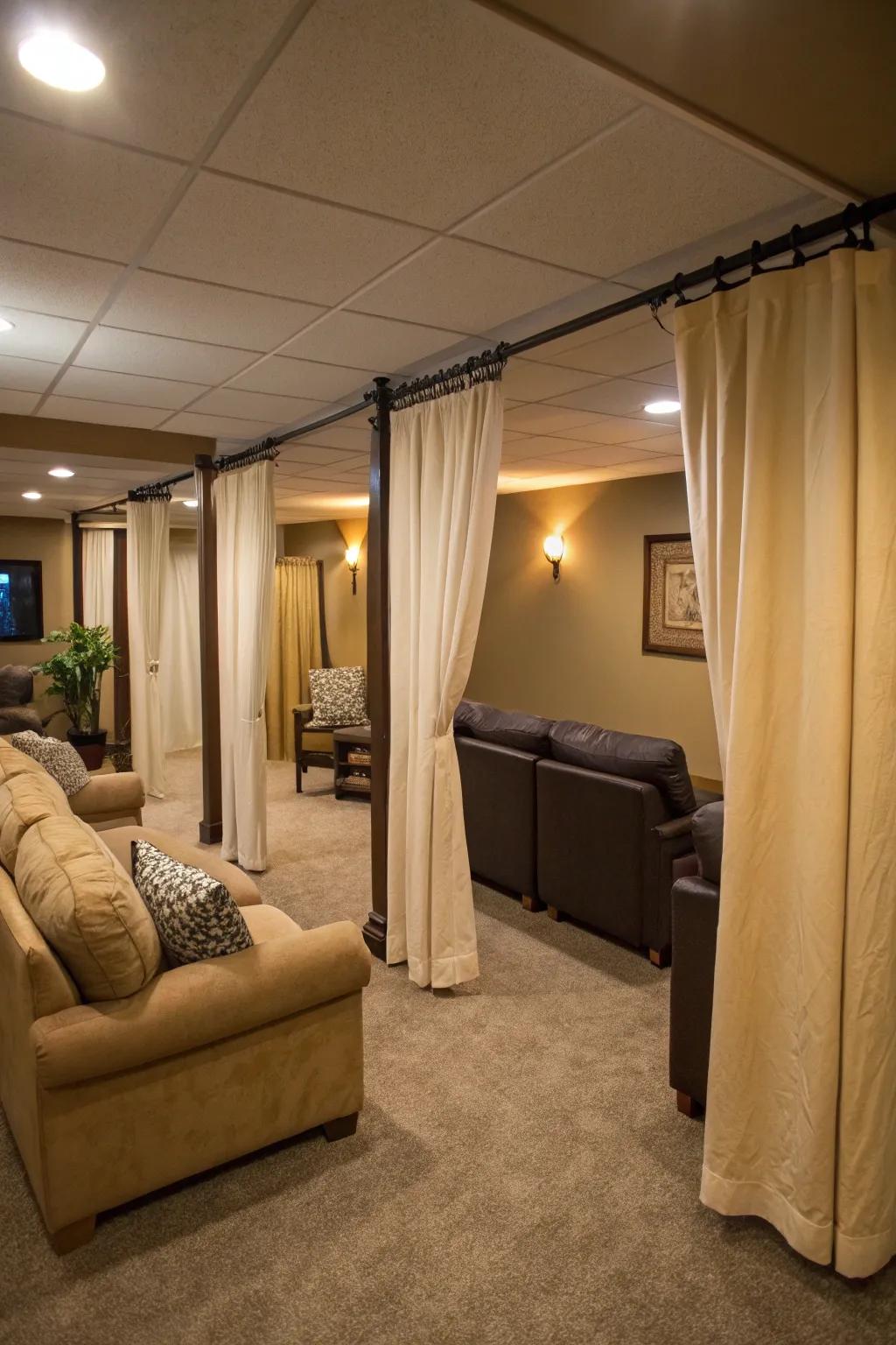 Curtains deliver an adaptable and elegant method for partitioning basement spaces.