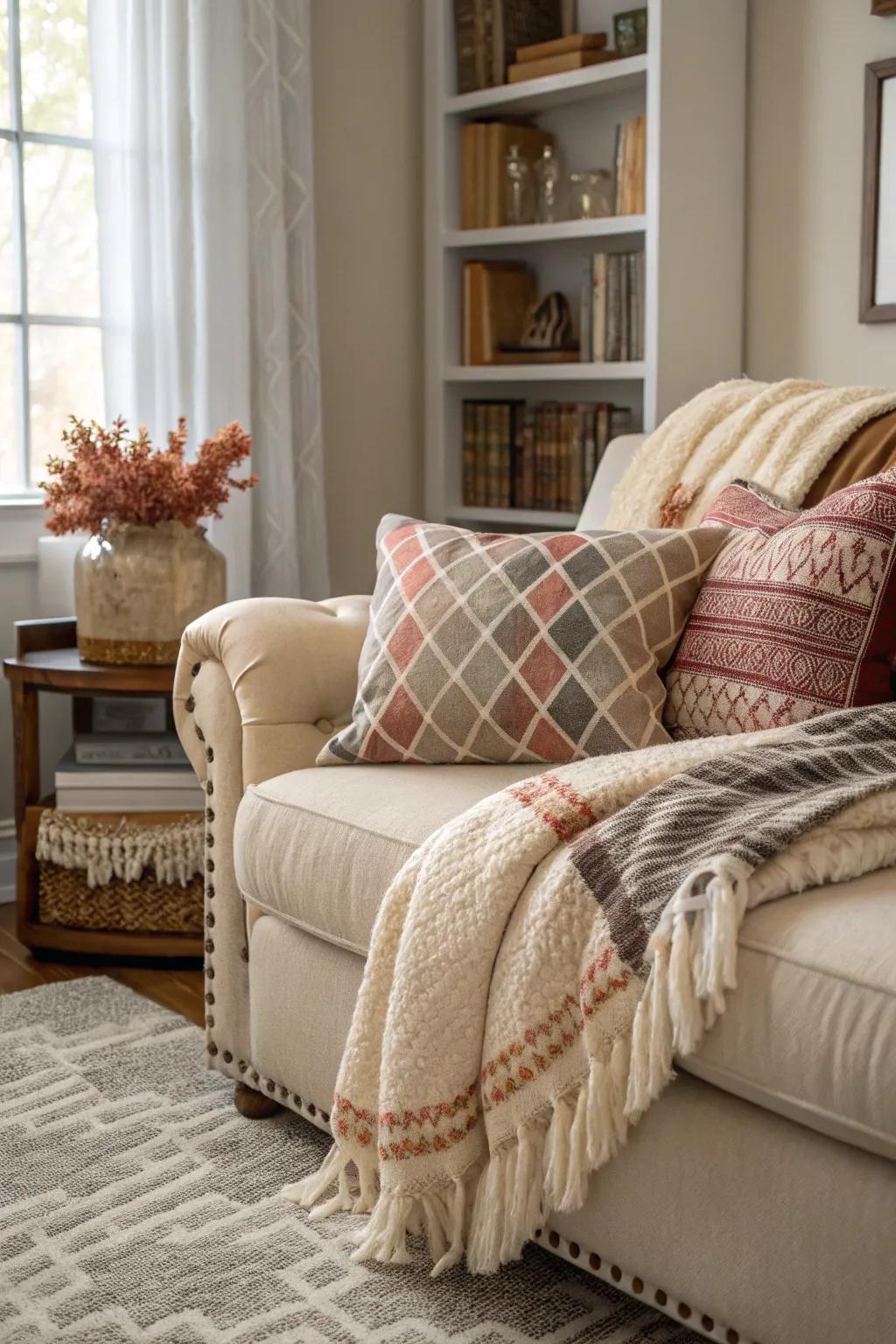 A welcoming space brimming with layered weaves and plush cushions.