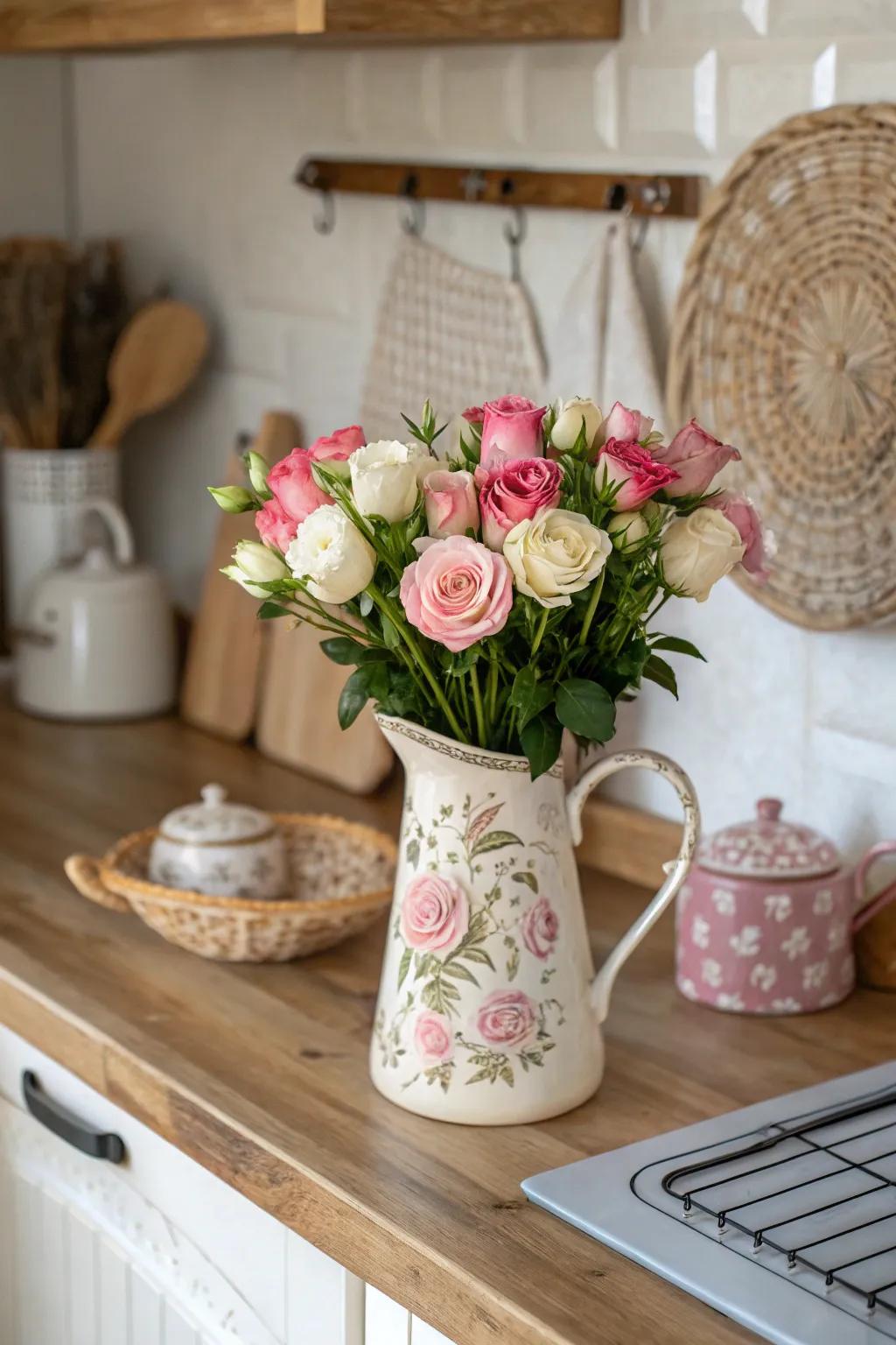 Pastoral magnetism emerges from a ceramic pitcher adorned with fragile roses.