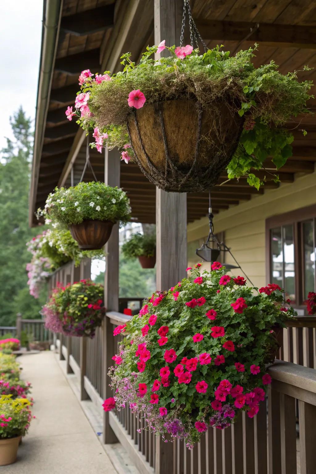 Elevate your porch aesthetics with hanging sun jewels planters.