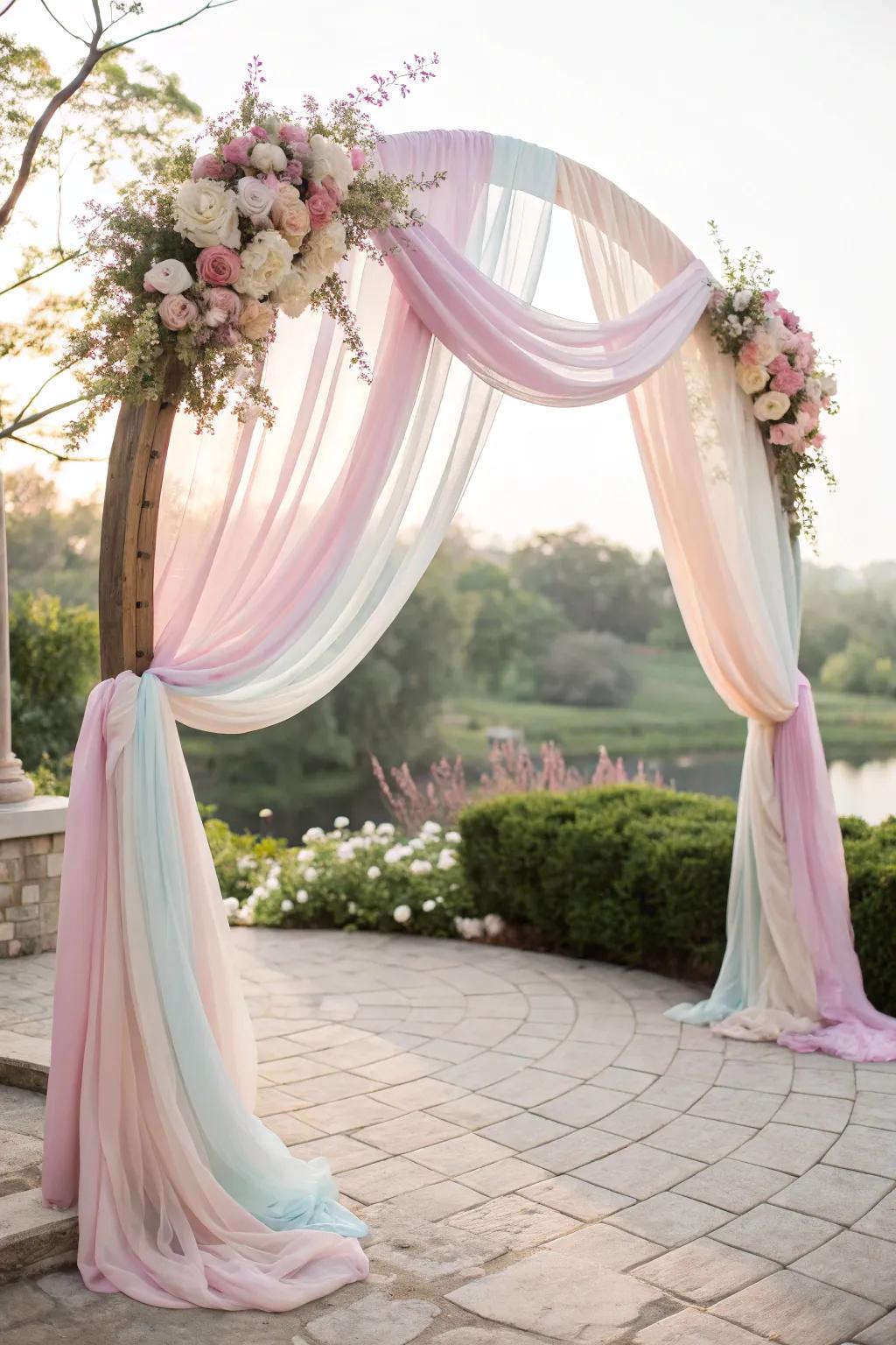 Chiffon-draped arch that enhances any occasion with elegance and romance.