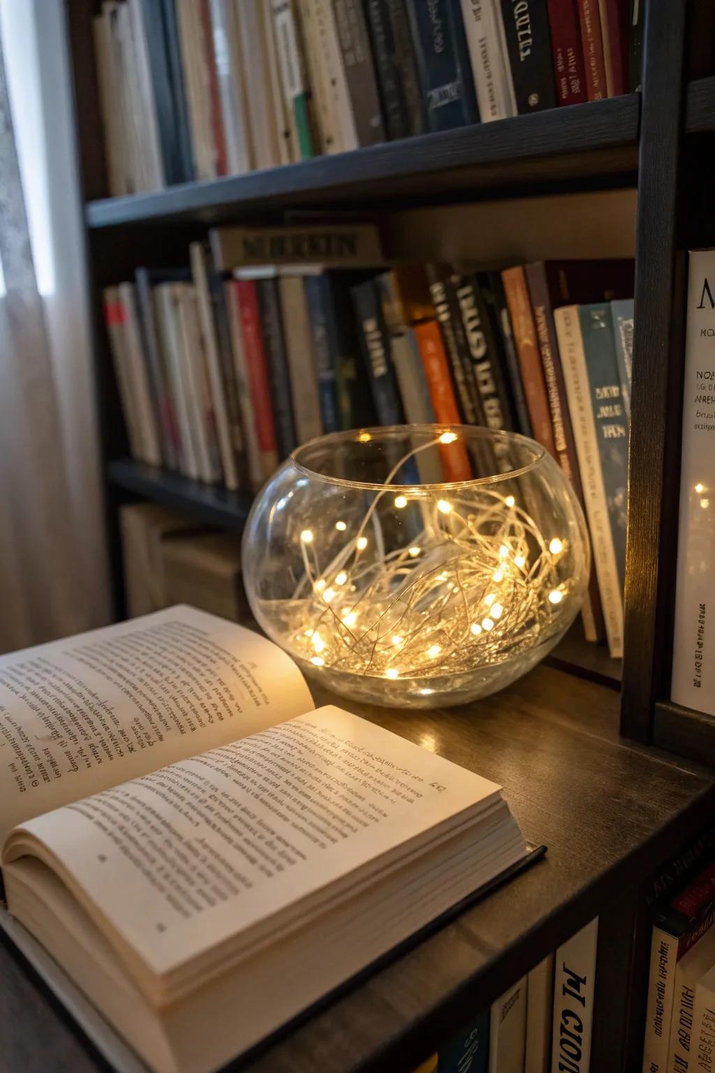 Sparkling lights within a clear bowl incorporate a magical shine to any setting.