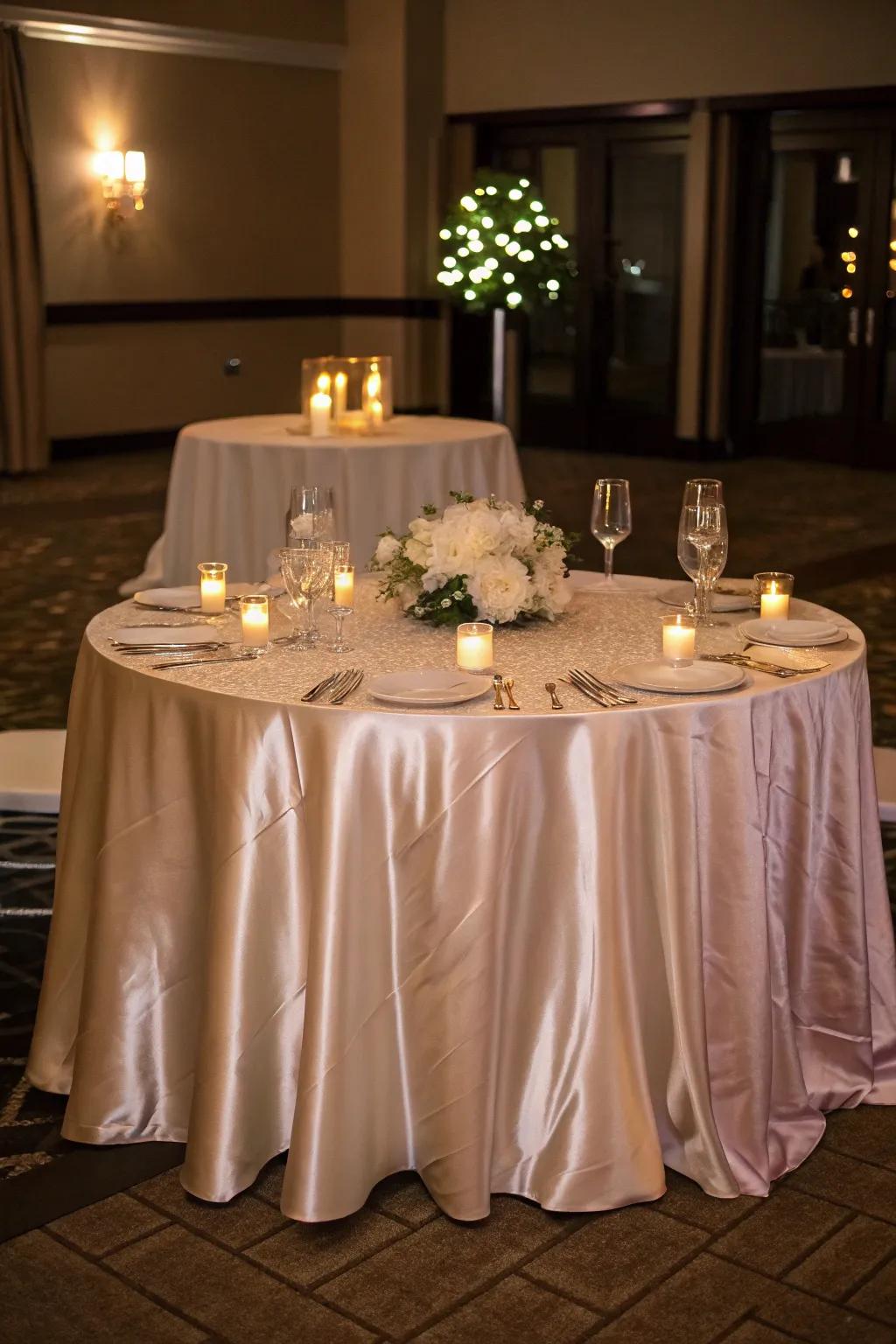 Radiant satin table covering creating a sophisticated ambiance.