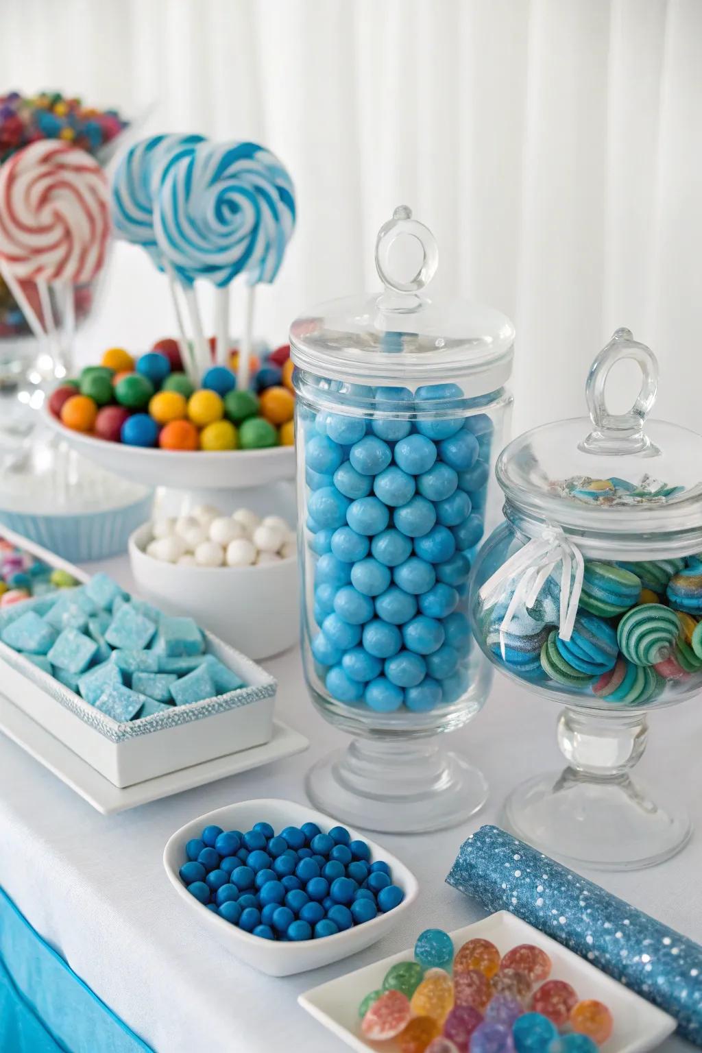 A varied selection of blue treats that delivers both hue and texture to the arrangement.
