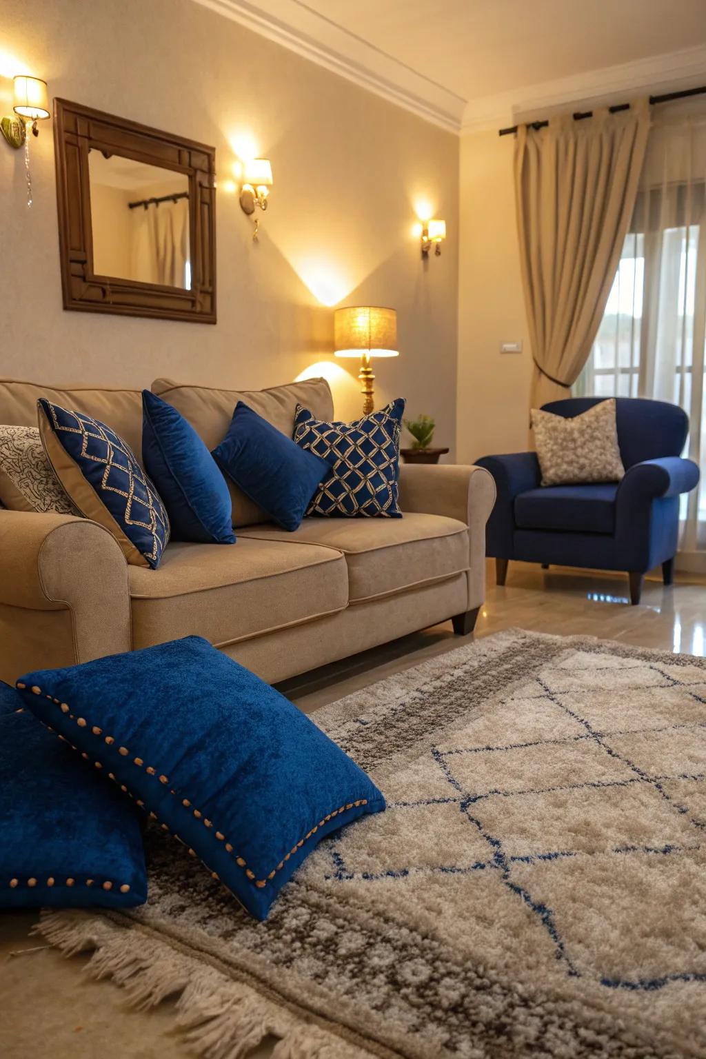 Luxurious textiles in royal blue add warmth and style to your living room.