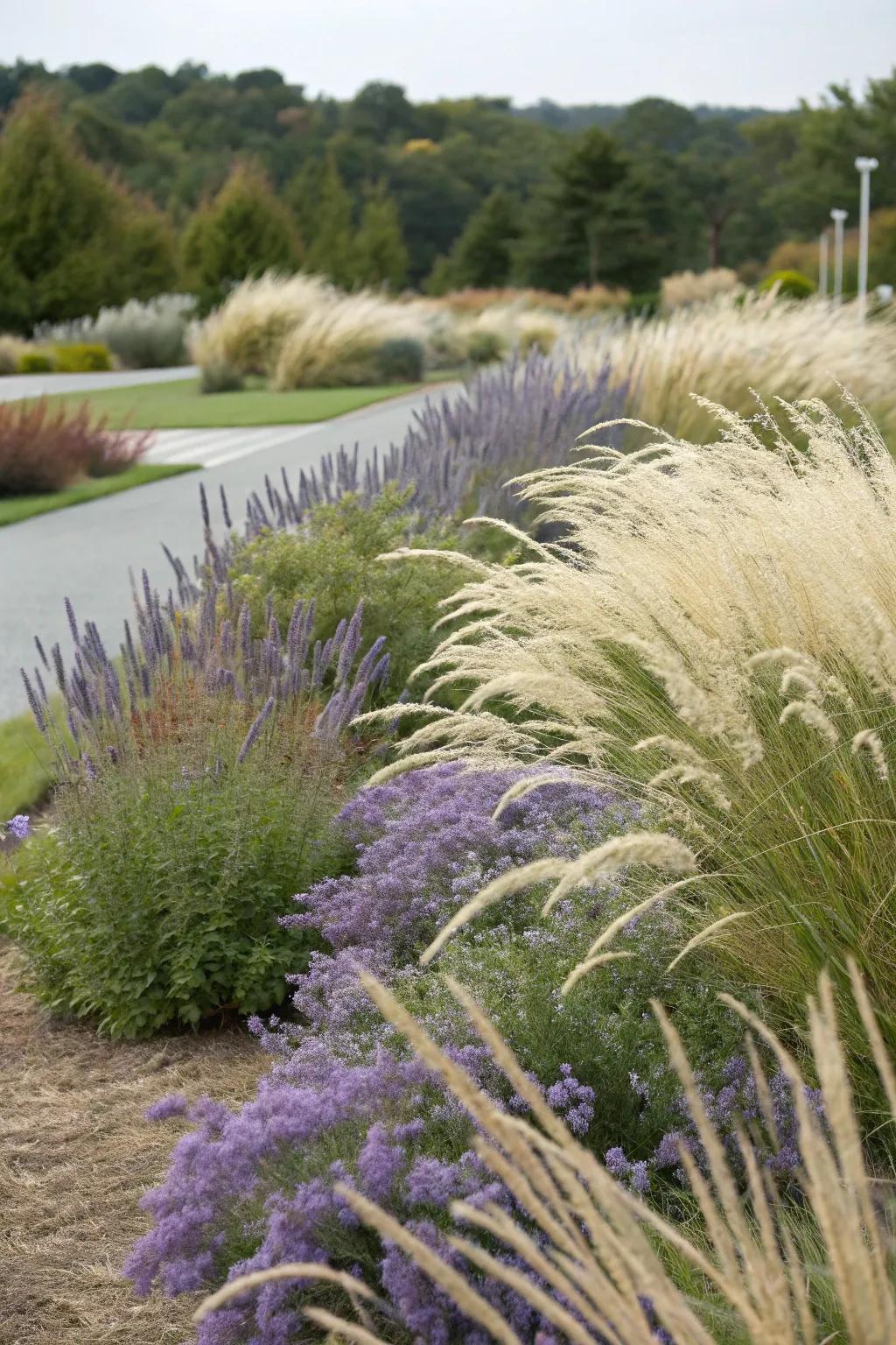 A delightful textural garden featuring Azure Beauty and decorative grasses swaying in the breeze.