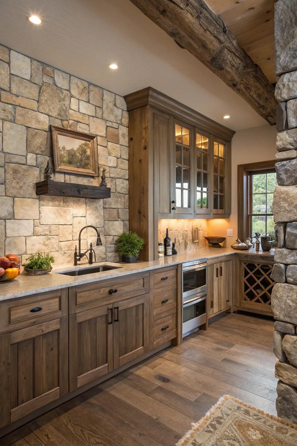 Natural stone tiles provide an authentic rustic touch.
