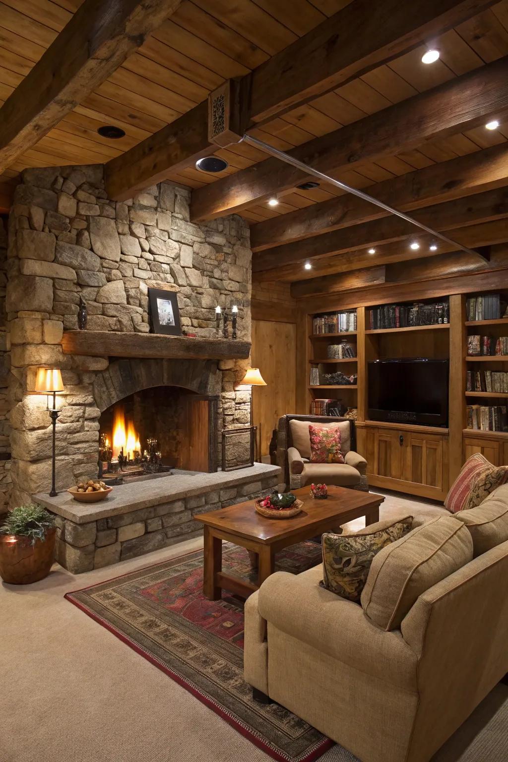A stone surround is an inviting focal point in a rural-themed cellar.