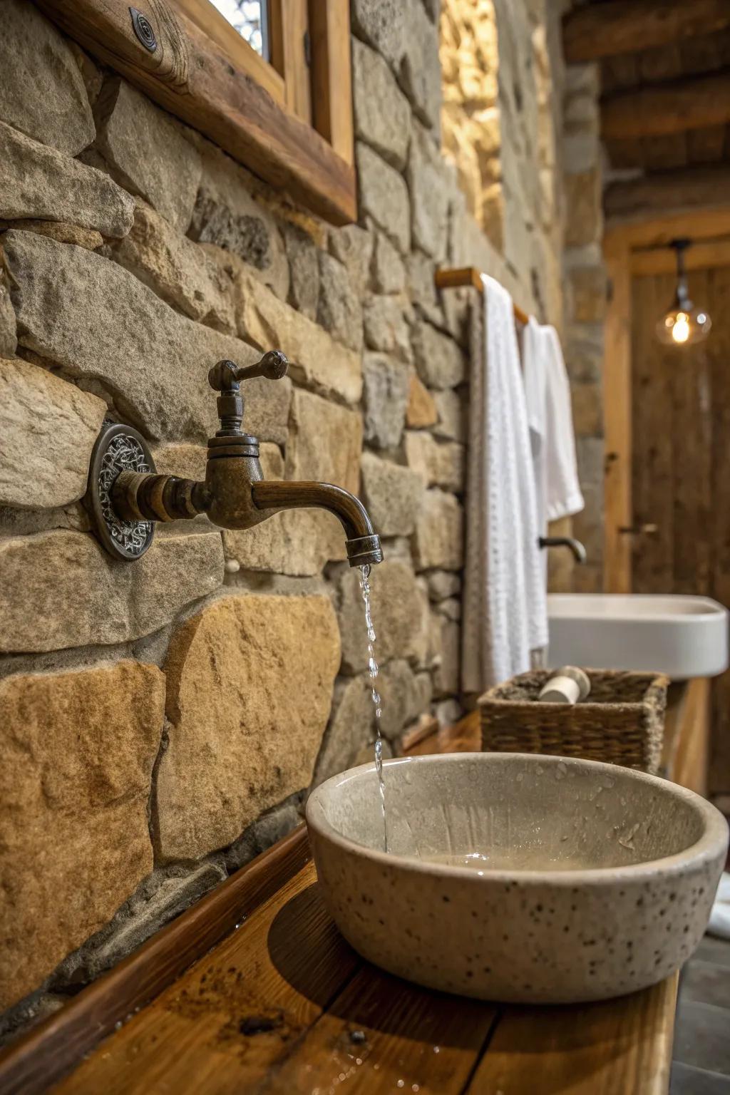 Wall-mounted water spouts present a sleek, rustic aesthetic.