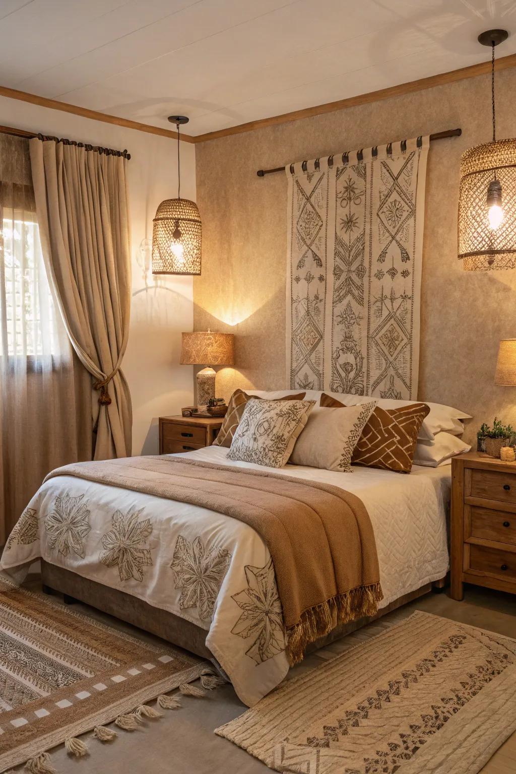 Earthy tones instill a calming ambiance within this countryside bedroom.