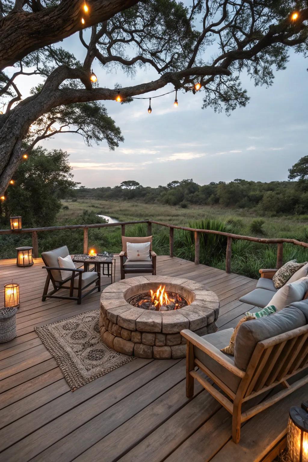 The fire pit creates a cozy focal point on this rustic deck.