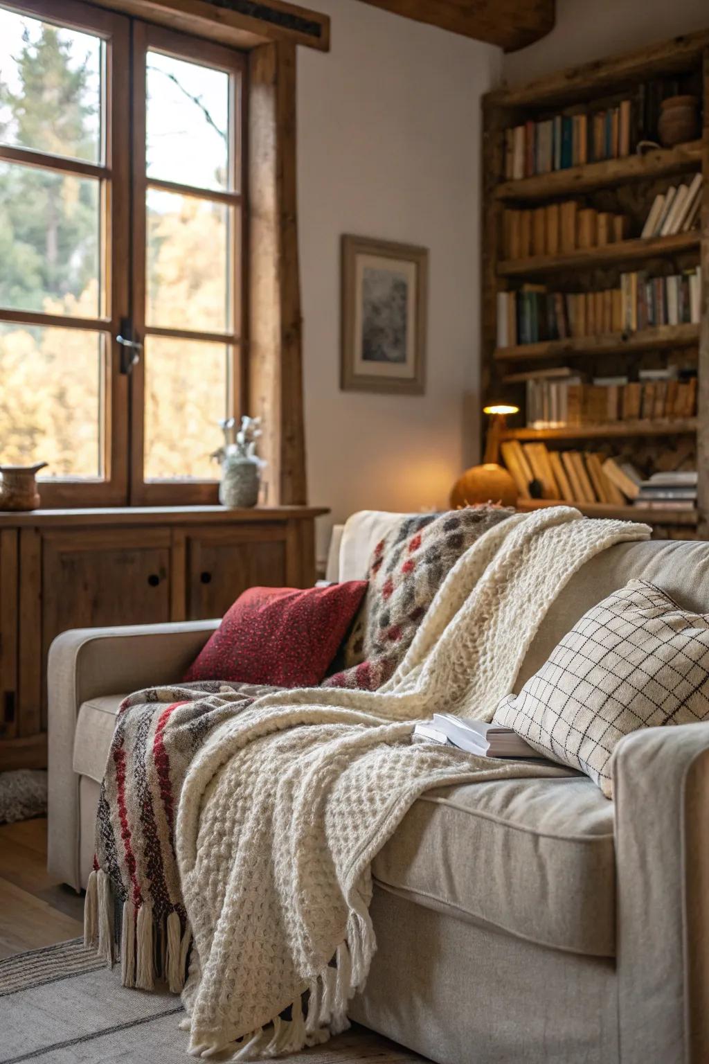 A living area displaying a sofa adorned with layered, textured throws.