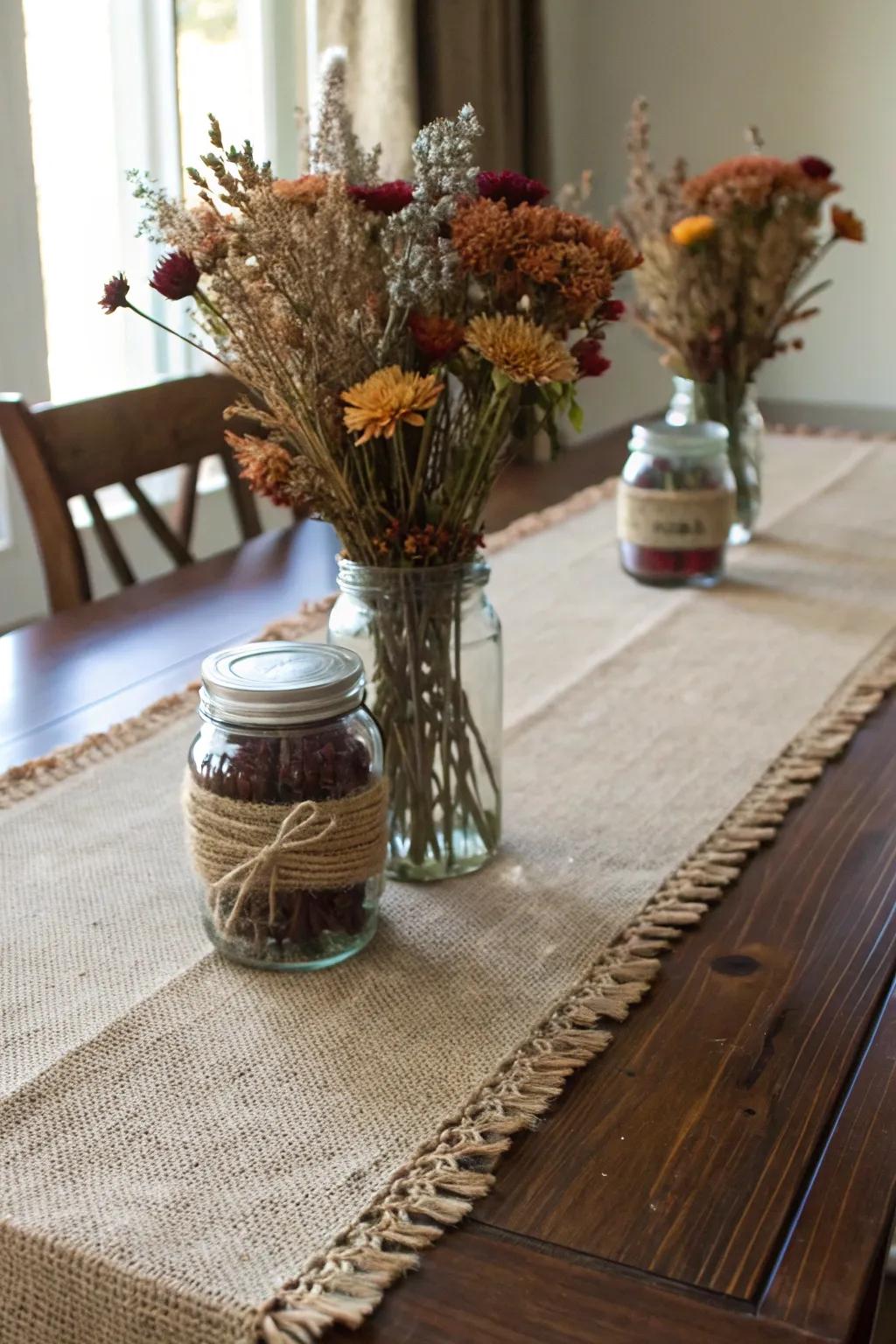 Sackcloth and preserving jars craft an authentic, natural charm.