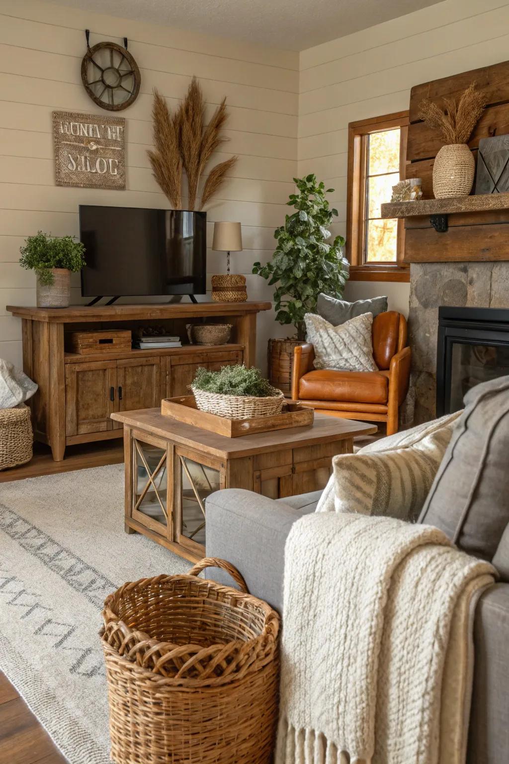 Family room with a toasty organic palette of browns, creams, and grays.