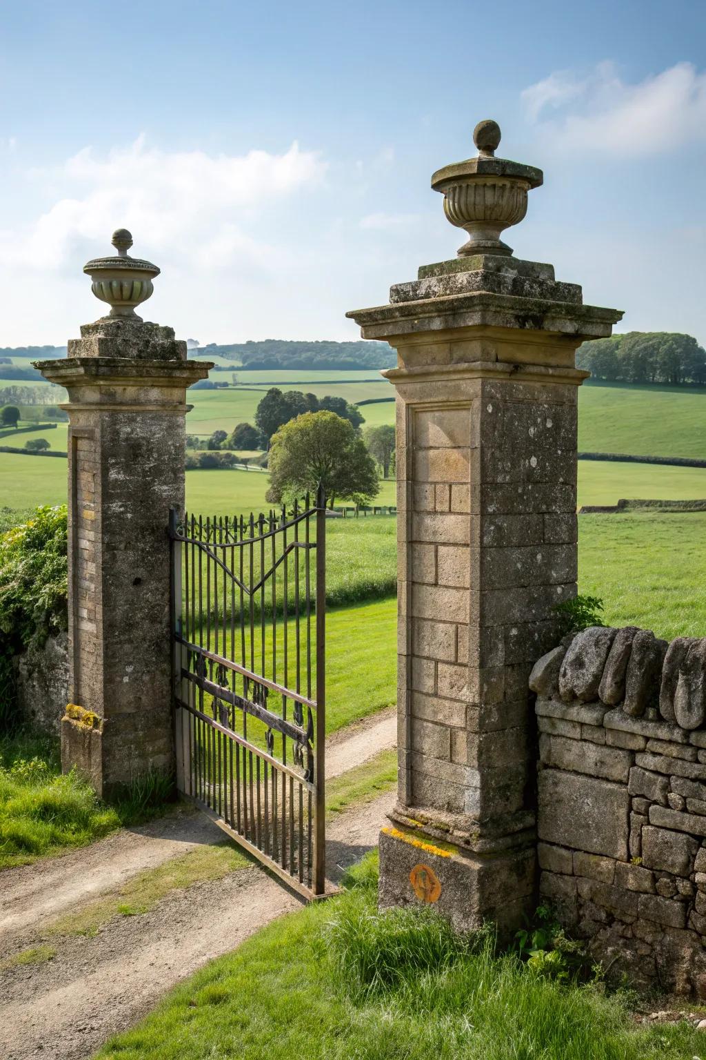 A countryside portal bordered by sturdy rock supports.