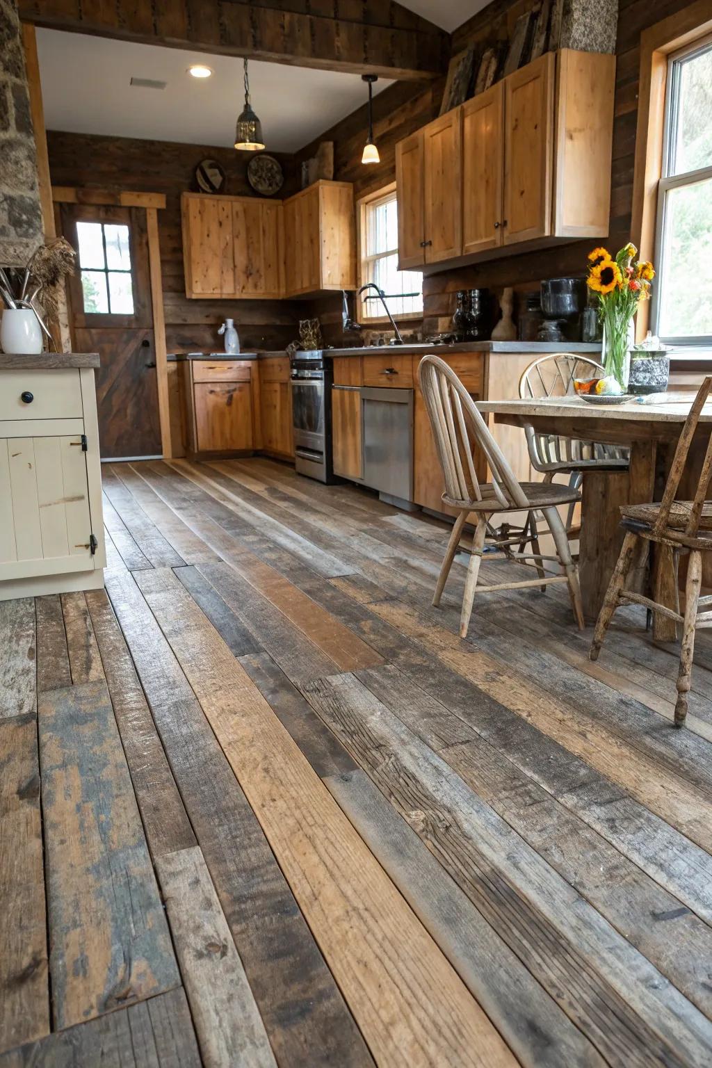 Upcycled wood flooring brings in both history and character.