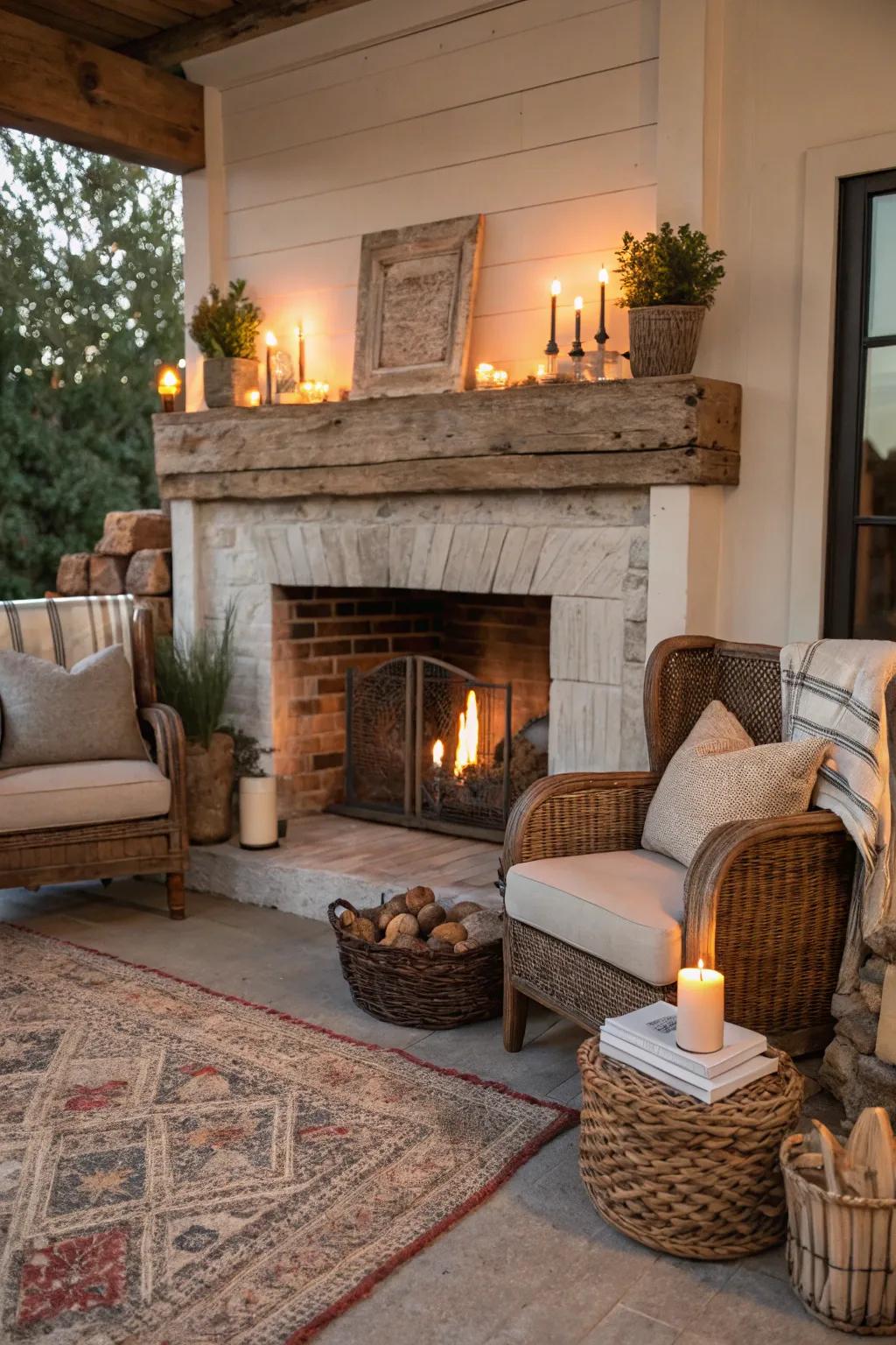 A salvaged wood mantel brings charm and history to this rustic fireplace.