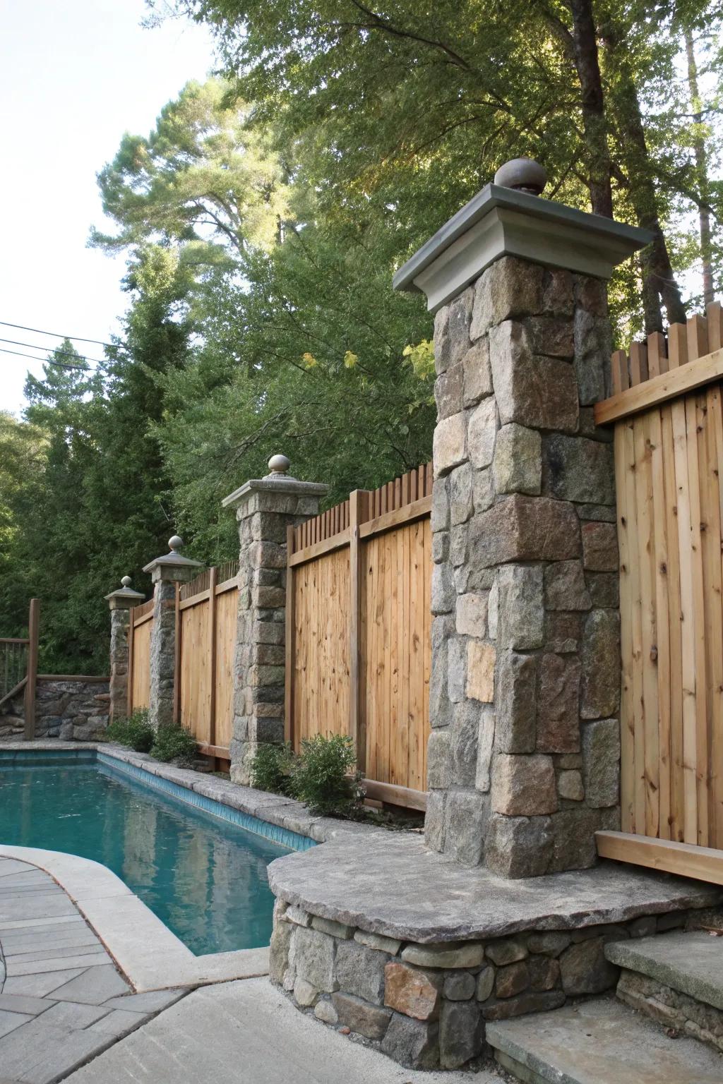 A cohesive mix of rock and wood shaping a countryside-style pool barrier.