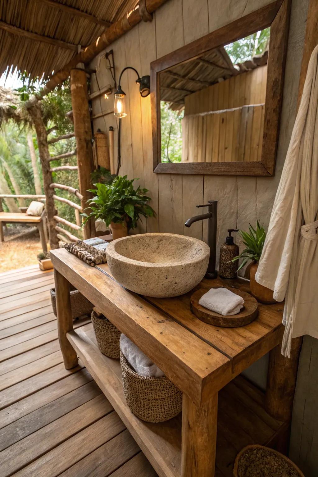 A genuine rock sink delivers an unrefined touch to the bathroom.