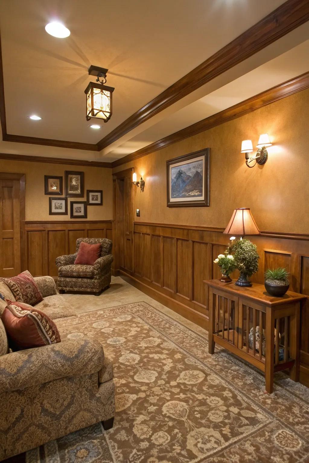 A warm and welcoming atmosphere is created by earthy tones in wainscoting.