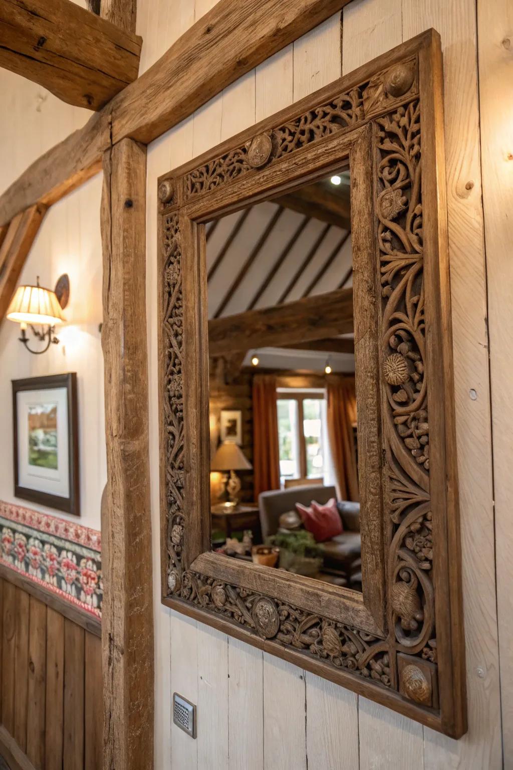 A timeworn mirrored frame enriches a country wall setting with elegance and dimension.