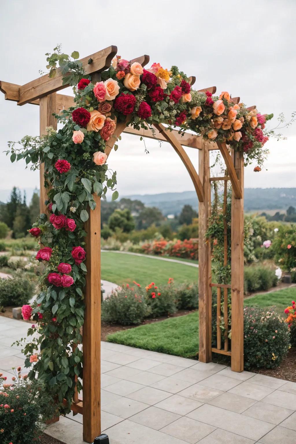 A garden-inspired bloom arch brimming with vibrancy and vitality.
