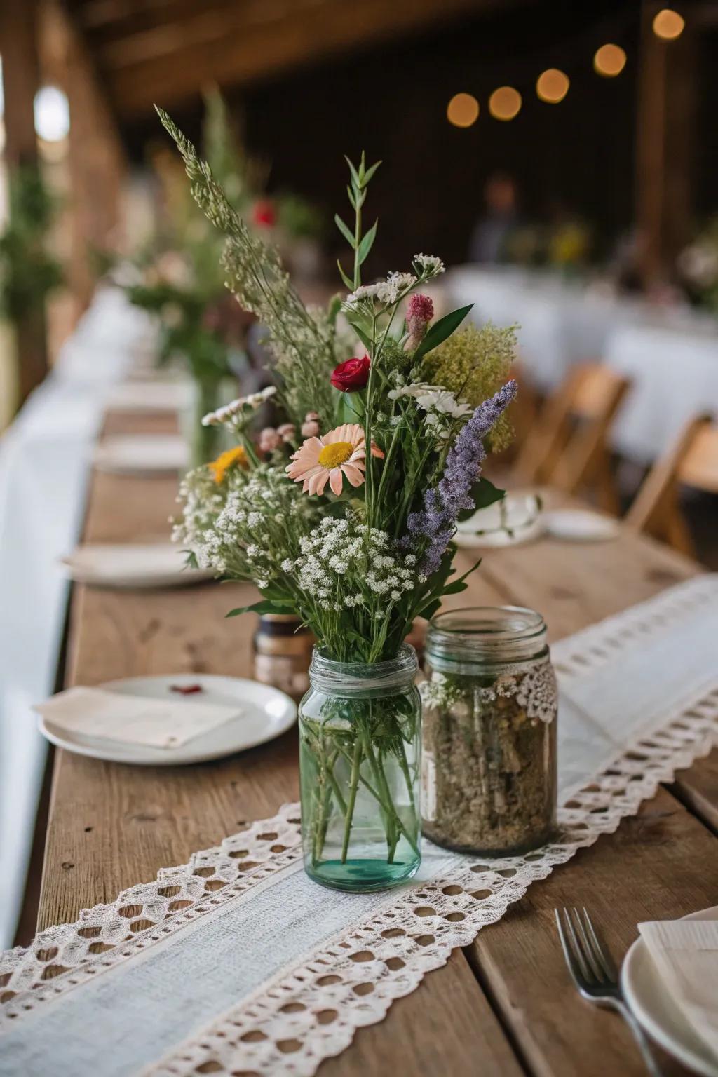 Preserving container decorations filled with dynamic untamed flowers.