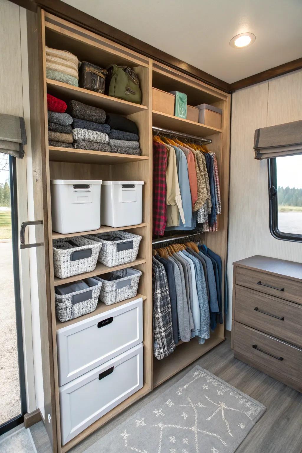 Customizable shelves make organizing an RV closet straightforward.