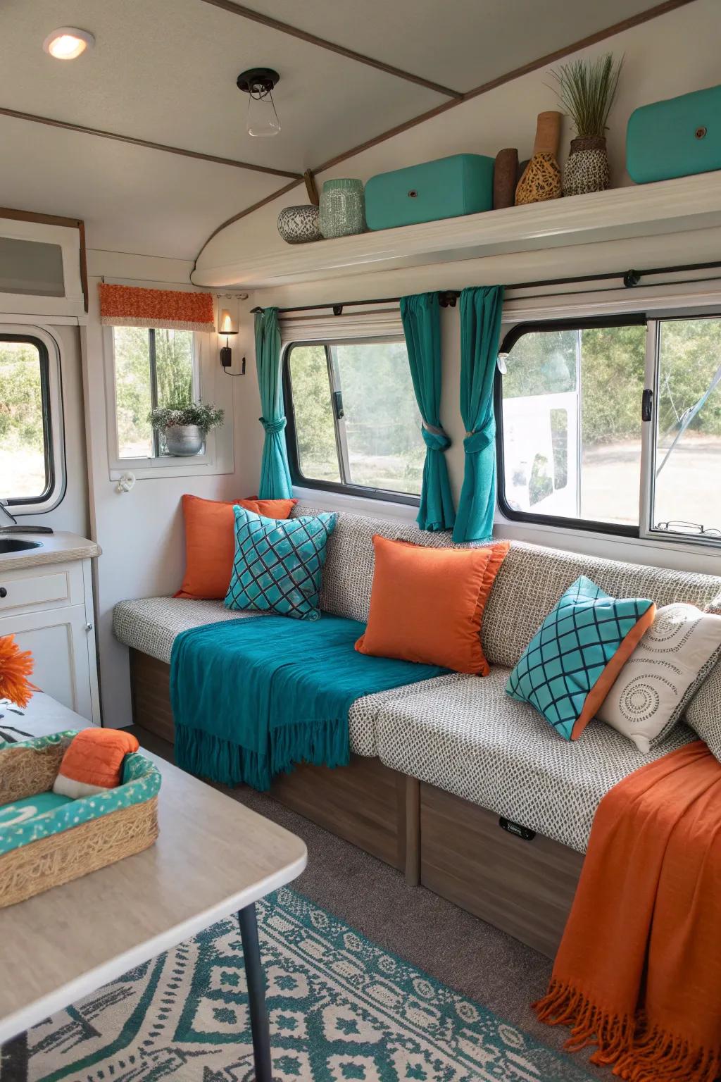 Bold teal and orange accents invigorate this RV living space.